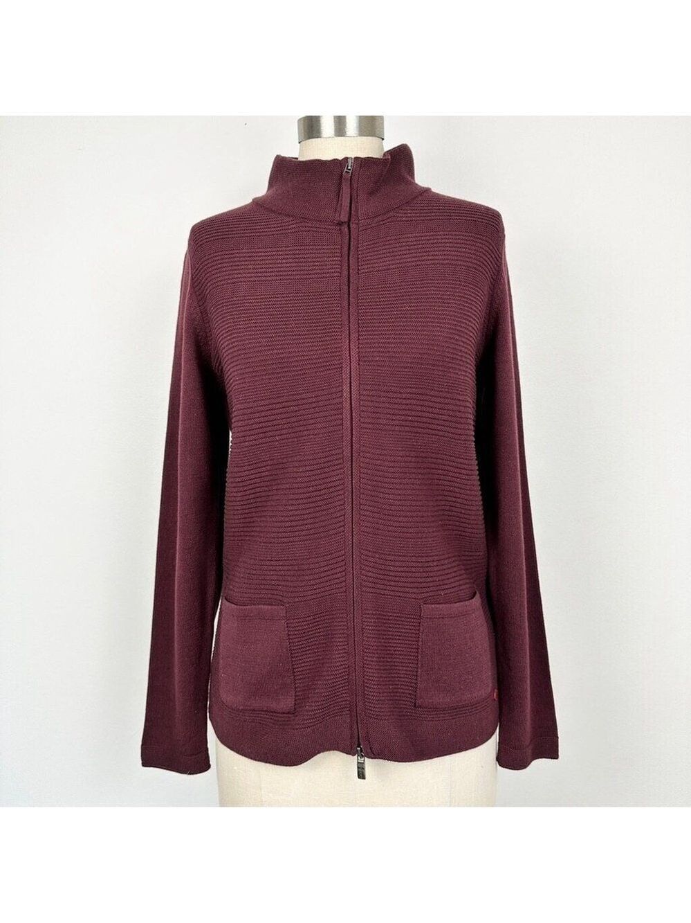 Olsen Long Sleeve Mock Neck Full Zip Ribbed Sweater Size Small Maroon Purple New - Picture 2 of 15